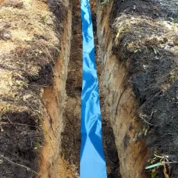 Wąski wykop w ziemi zabezpieczony niebieską folią na całej długości, widoczne warstwy gleby.