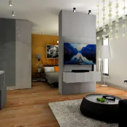 Wizualizacja pokoju dziennego z sypialnią oddzieloną ścianką działową, na której zawieszony jest telewizor. W tle widoczne łóżko z pomarańczową poduszką i wzorzysta tapeta.