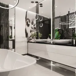 Nowoczesna łazienka z wanną wolnostojącą, czarno-białymi marmurowymi ścianami, podwójną umywalką i roślinami. Oświetlenie LED podkreśla minimalistyczny design.
