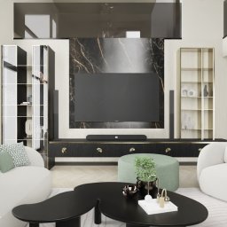 Salon ze ściana tv  oraz strefa wypoczynkowa. 