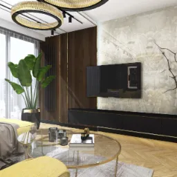 Wizualizacja salonu w apartamencie: żółta sofa z narzutą, okrągły szklany stolik kawowy, duża roślina w donicy, ściana z telewizorem i dekoracją z gałęzi w wazonie.