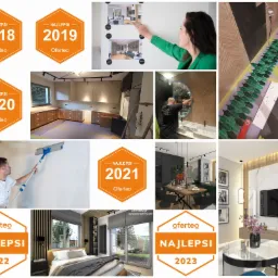 Kolaż zdjęć z różnymi etapami prac wykończeniowych i aranżacyjnych wnętrz, w tym łazienki z montażem lustra, układania płytek, szpachlowania ściany, kuchni w trakcie montażu oraz aranżacji salonu...