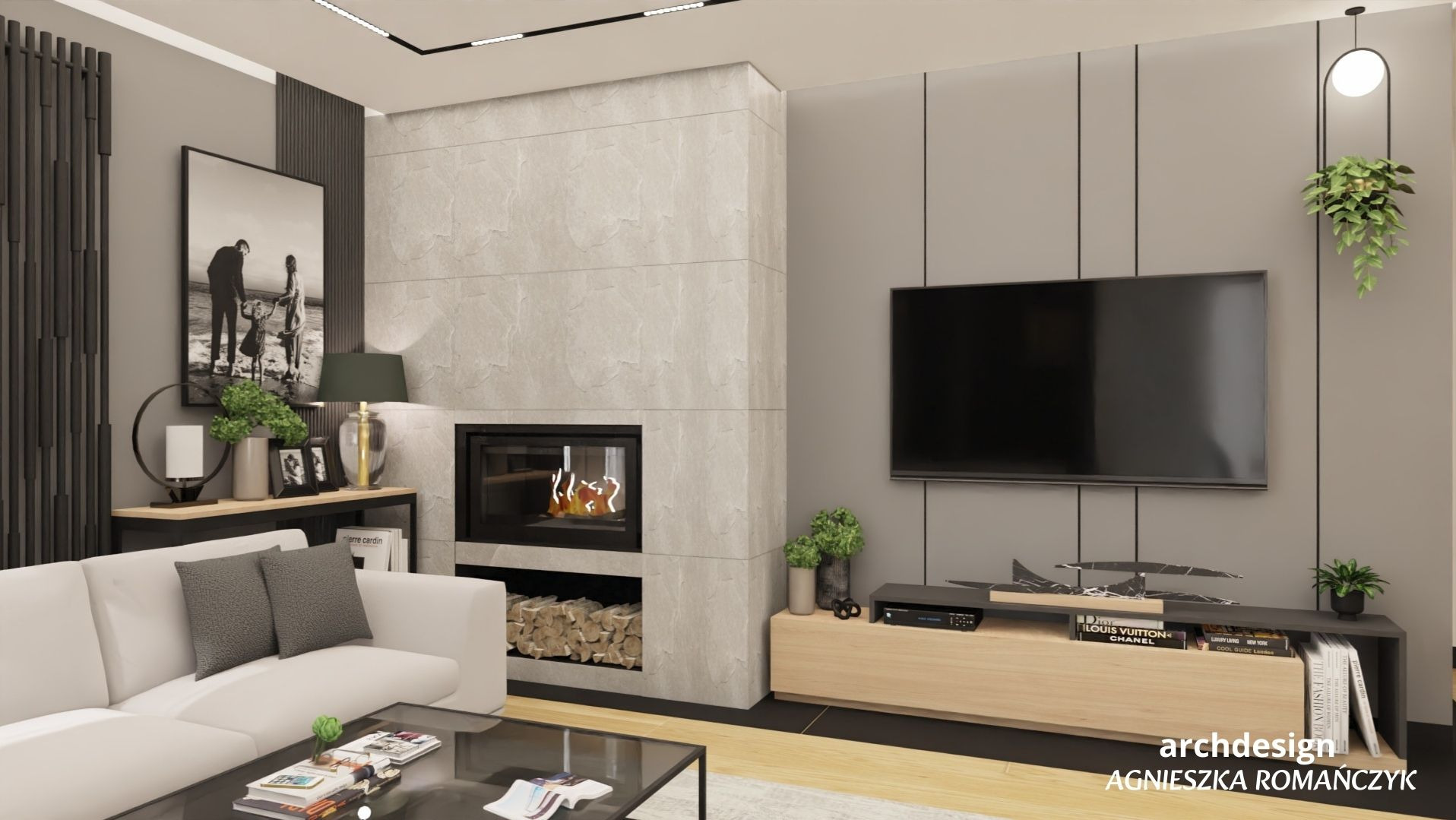 Widok na ścianę telewizyjna z kominkiem.