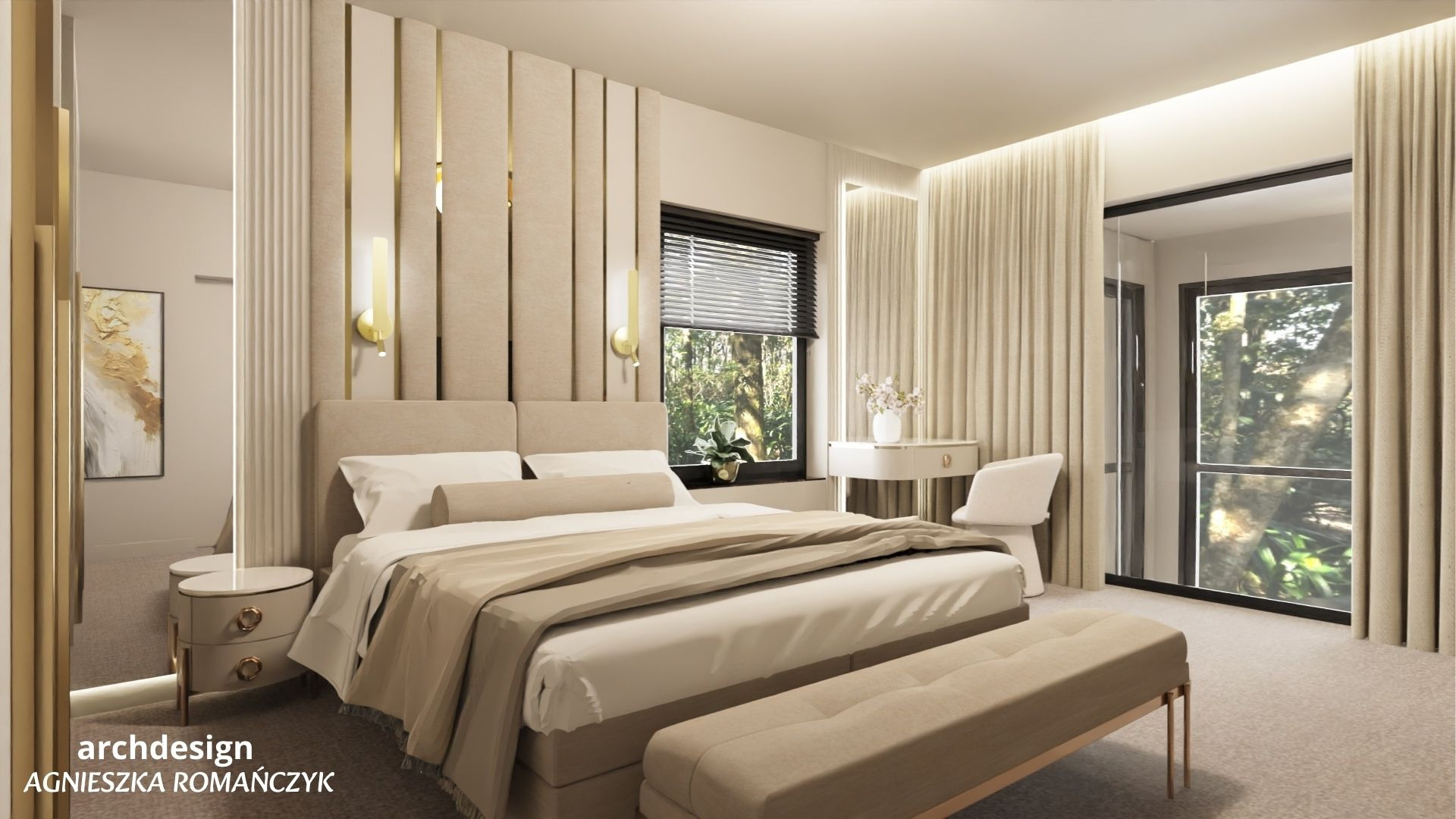 Elegancka sypialnia w beżach ze złotymi akcentami w Szczecinie. Tapicerowany zagłówek, toaletka przy oknie i łóżko z pufą tworzą spójną całość.