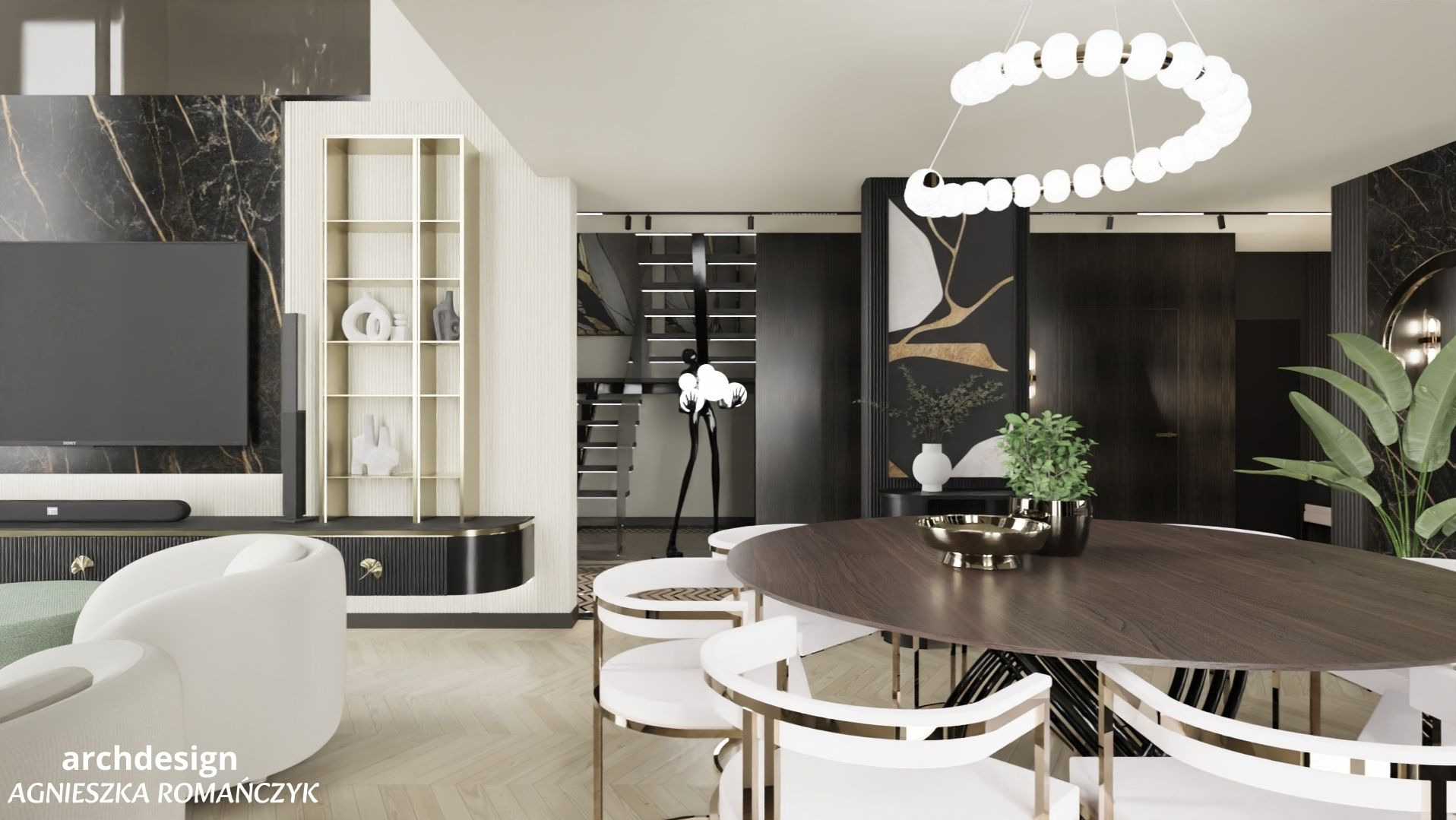 Aranżacja jadalni w domu jednorodzinnym.