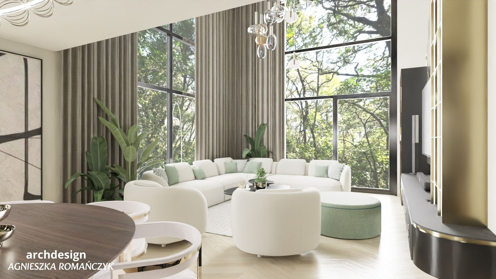 Widok na salon z dużymi przeszkleniami.