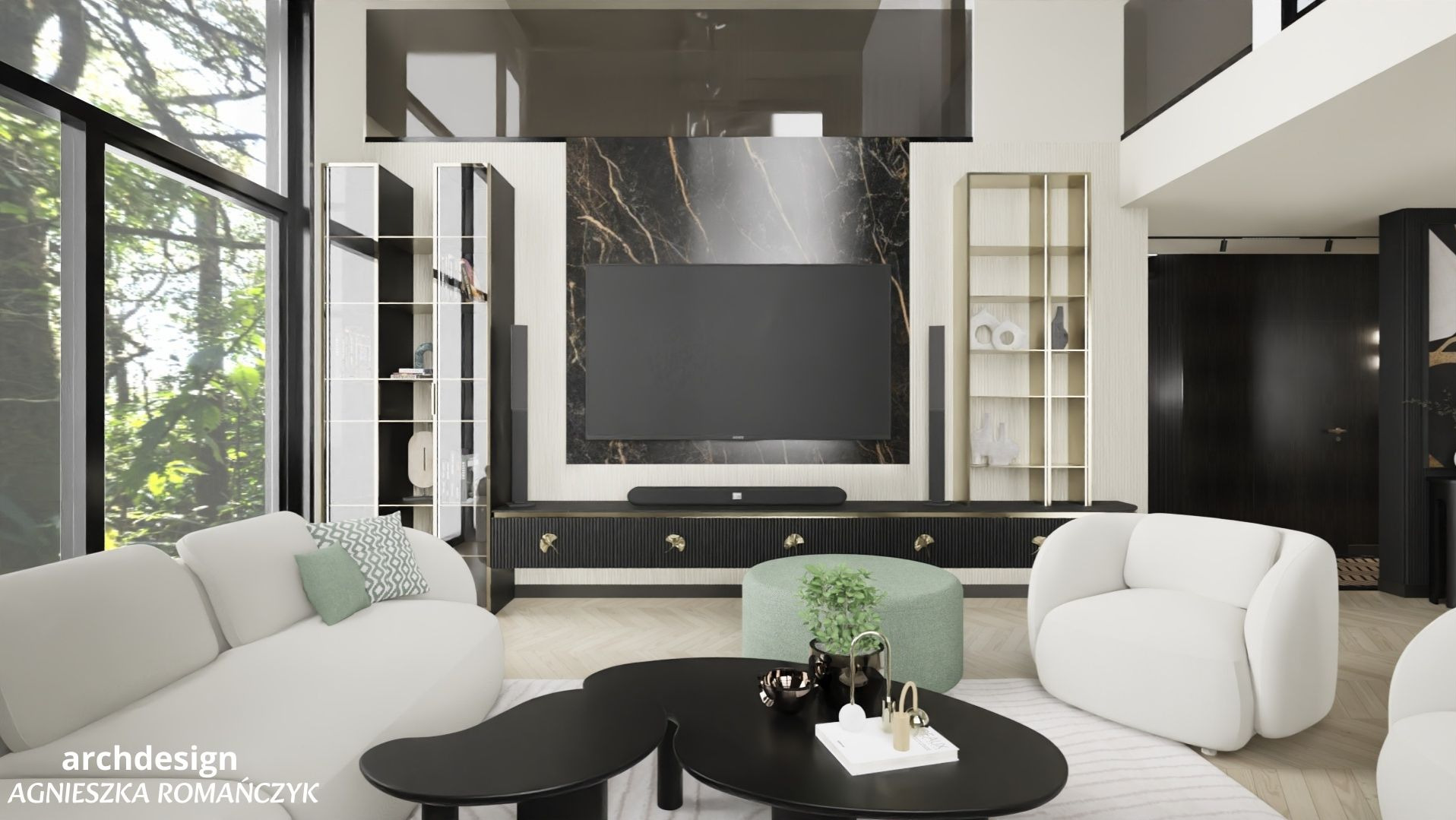 Salon ze ściana tv oraz strefa wypoczynkowa.