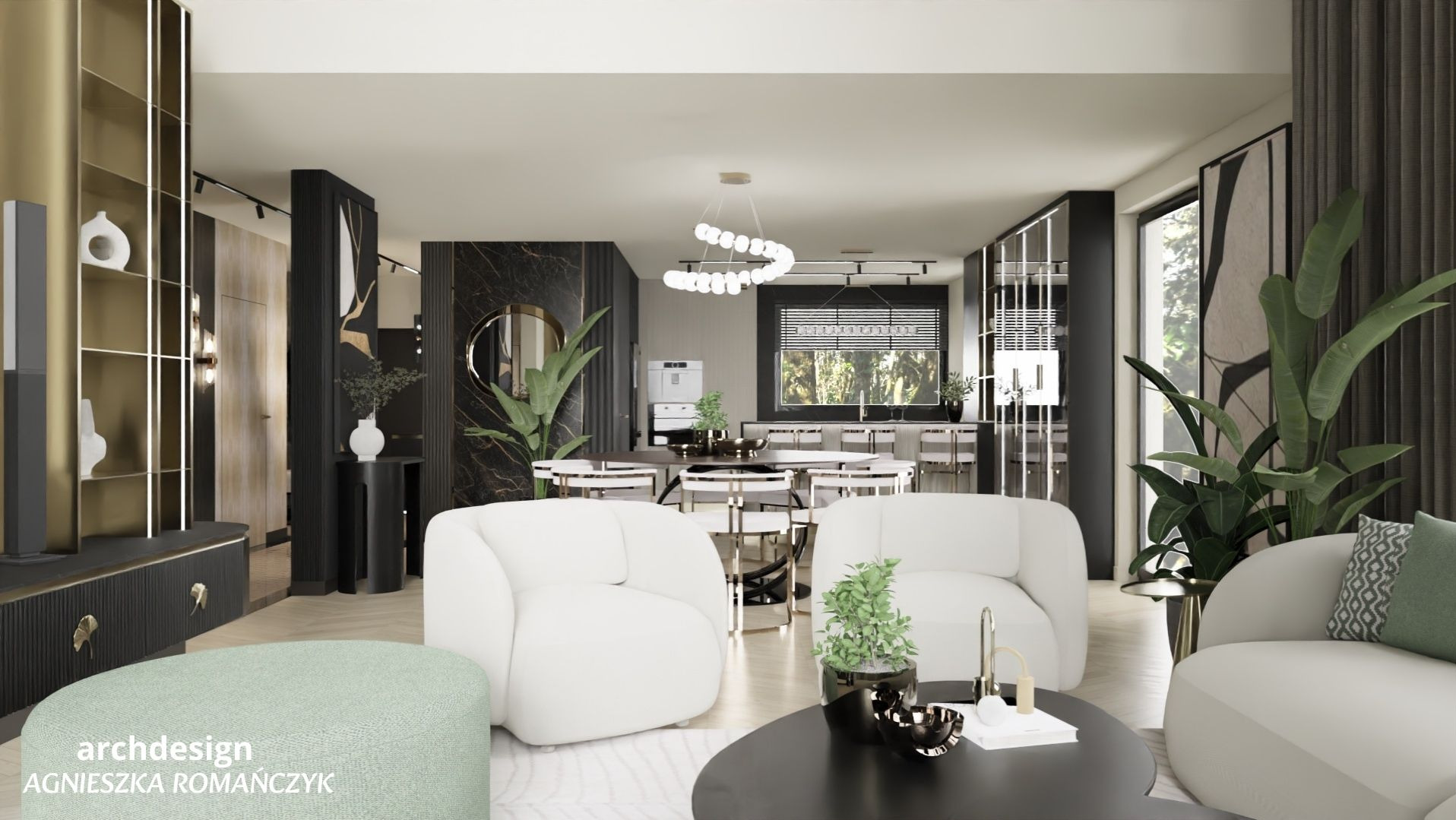 Projekt archdesign salon z jadalnią w domu jednorodzinnym.