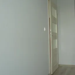 Świeżo pomalowana szara ściana z włącznikiem i częściowo otwarte, białe drzwi z przeszkleniami, widoczna podłoga z paneli.