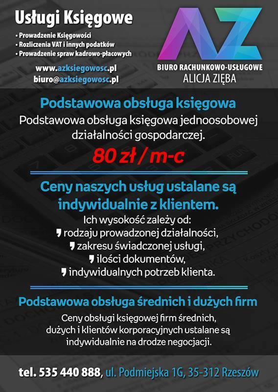 Ogłoszenie biura rachunkowego Alicji Zięby z Rzeszowa, oferującego usługi księgowe, rozliczenia VAT i sprawy kadrowo-płacowe, z podanym adresem strony internetowej i adresem e-mail, prezentujące...
