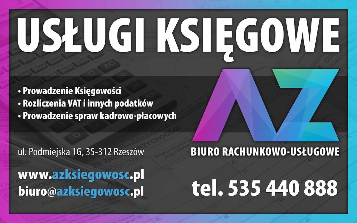 Wizytówka biura rachunkowego z logo AZ, adresem, numerem telefonu i zakresem usług: prowadzenie księgowości, rozliczenia VAT i spraw kadrowo-płacowych na tle formularza podatkowego i kalkulatora.