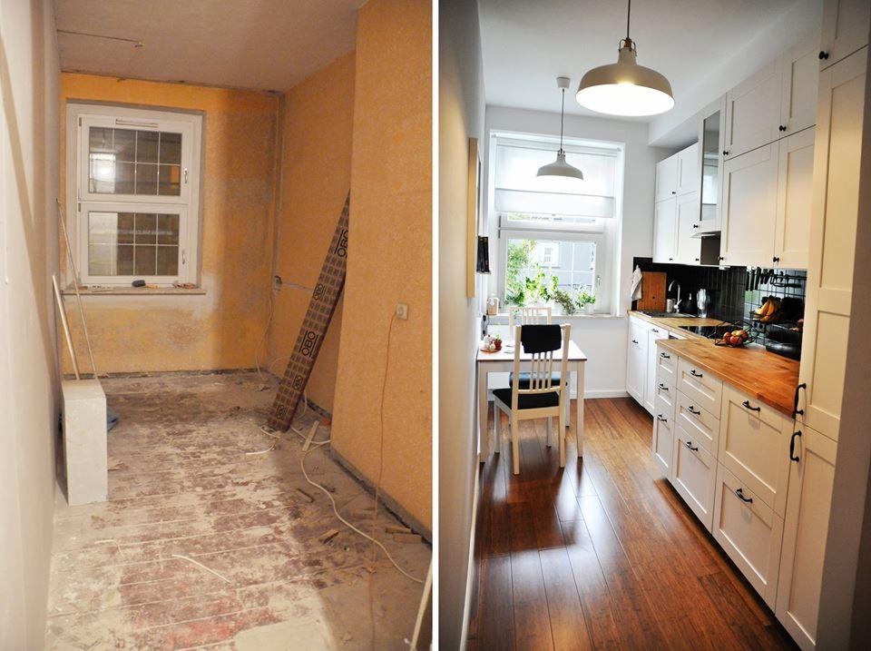 Porównanie stanu kuchni przed i po remoncie: surowe ściany i podłoga kontra nowoczesna, biała zabudowa kuchenna z drewnianym blatem i parkietem.