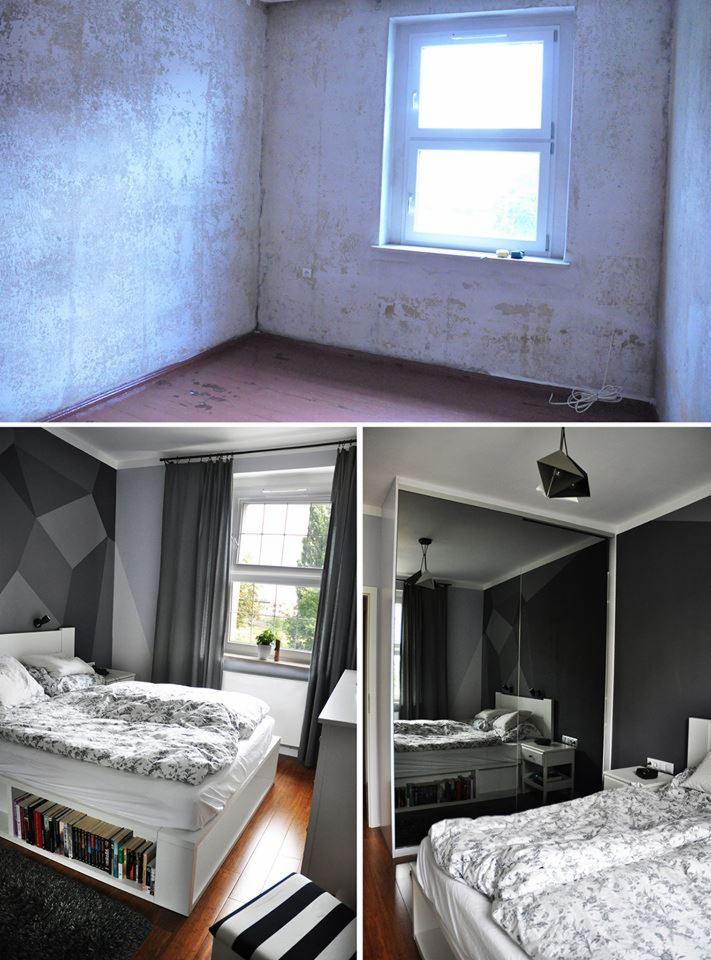 Fotografia przedstawia metamorfozę pokoju: od surowego stanu z obdrapanymi ścianami i gołą podłogą, do nowoczesnej sypialni z geometrycznym wzorem na ścianie, drewnianą podłogą, łóżkiem z wbudowaną...