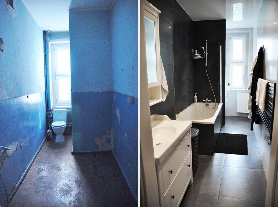 Porównanie łazienki przed i po remoncie: zniszczone niebieskie ściany i podłoga kontra nowoczesna, czarno-biała aranżacja z wanną, umywalką i grzejnikiem.