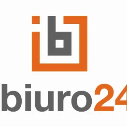 Logo firmy ibiuro24: szary napis i pomarańczowo-szary symbol kwadratu z wykrzyknikiem w środku, na białym tle.