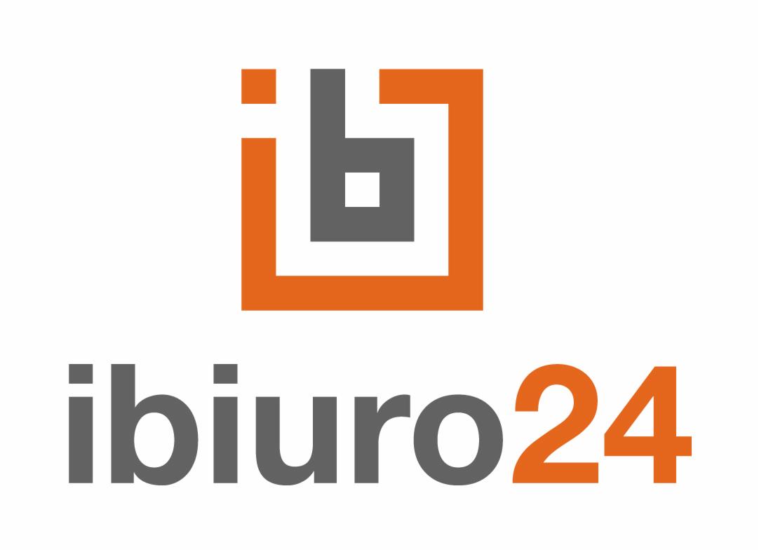 Logo firmy ibiuro24: szary napis i pomarańczowo-szary symbol kwadratu z wykrzyknikiem w środku, na białym tle.