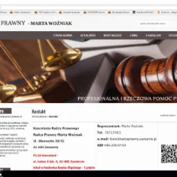 Strona internetowa kancelarii radcy prawnego Marty Woźniak z Zawiercia, prezentująca wagę sprawiedliwości i drewniany młotek sędziowski na tle zakładki 'Profesjonalna i rzeczowa pomoc prawna'.
