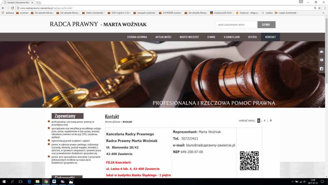 Strona internetowa kancelarii radcy prawnego Marty Woźniak z Zawiercia, prezentująca wagę sprawiedliwości i drewniany młotek sędziowski na tle zakładki 'Profesjonalna i rzeczowa pomoc prawna'.