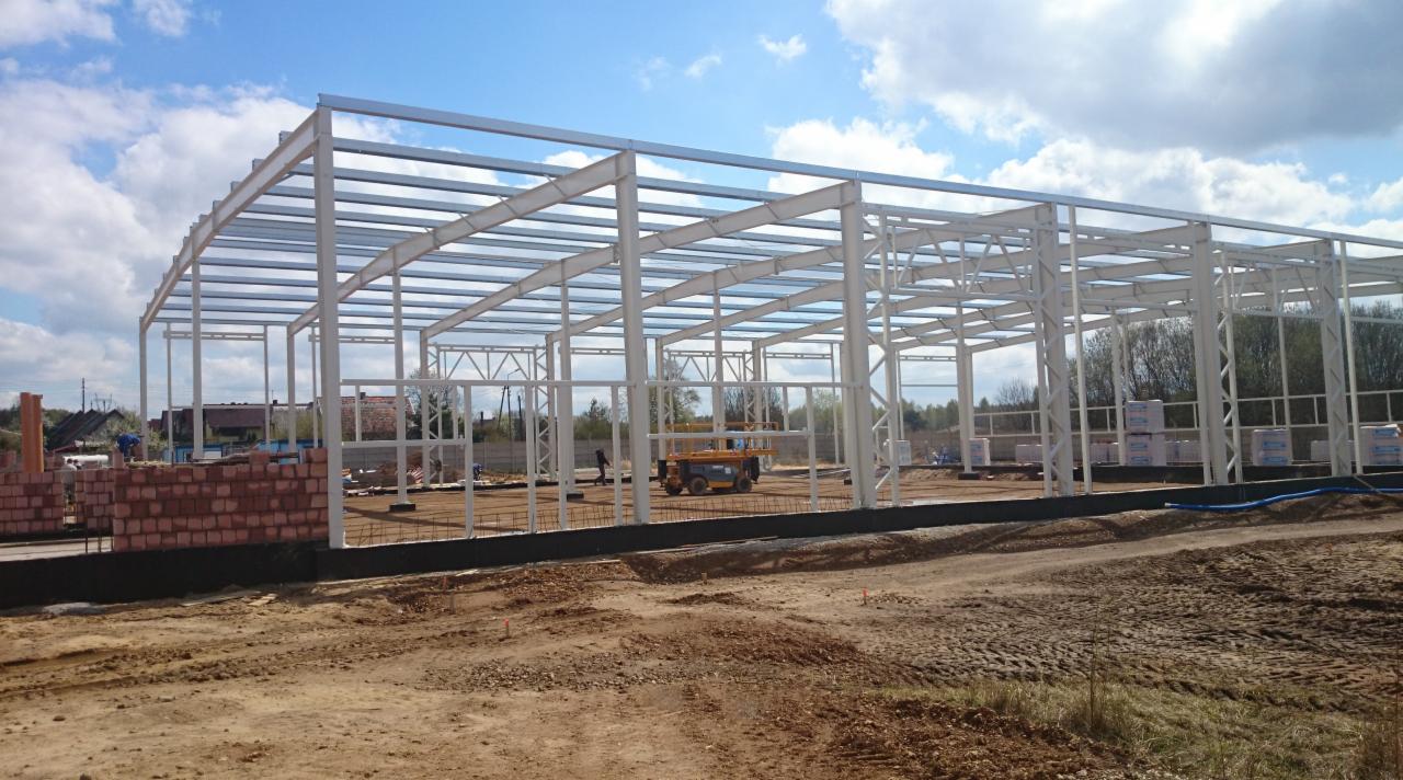 Wznoszenie szkieletu hali stalowej z widocznym podnośnikiem koszowym i paletami bloczków betonowych, w tle zabudowa jednorodzinna i błękitne niebo z chmurami.