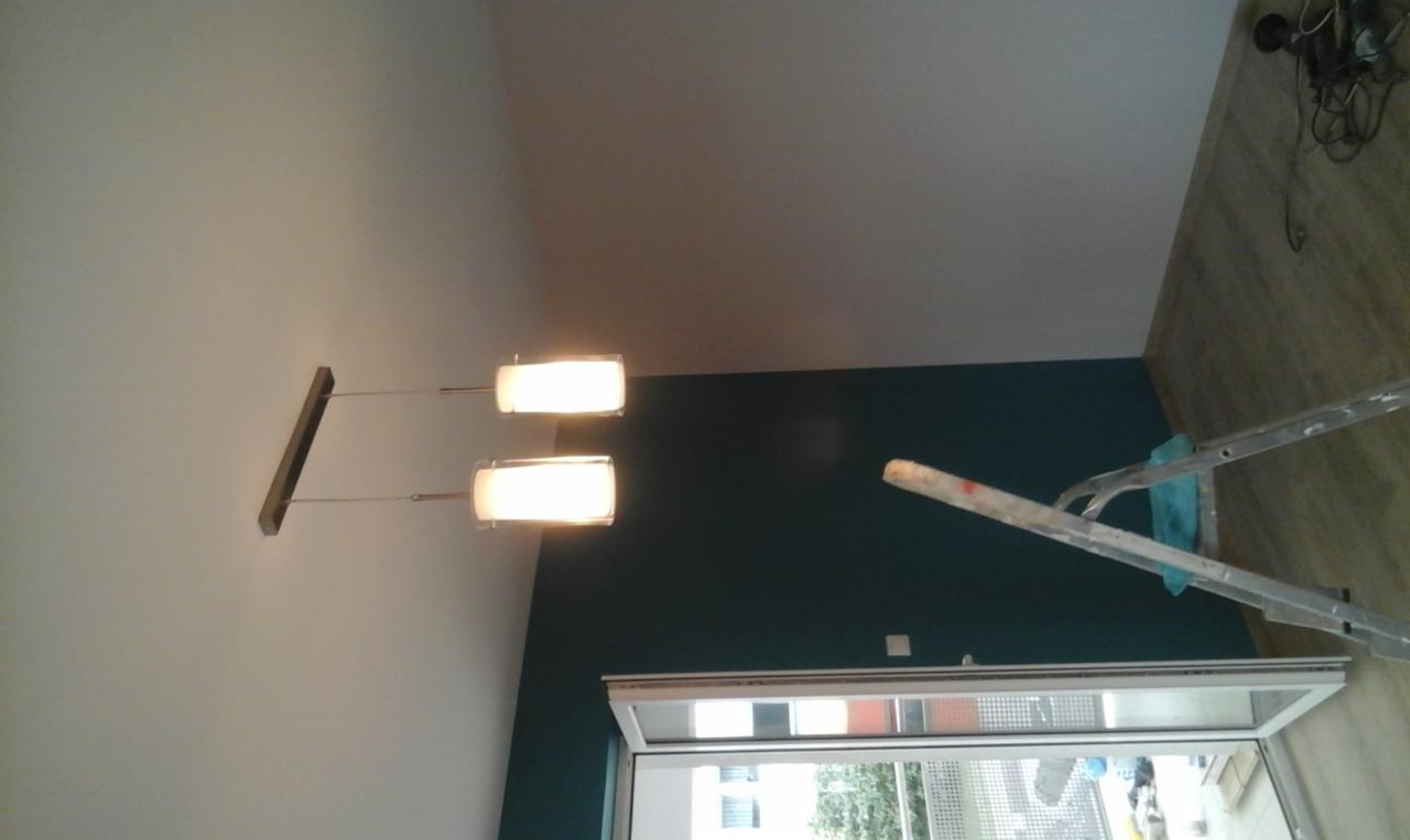 Pomalowana na ciemnozielono ściana w mieszkaniu, widoczna drabina malarska, sufit pomalowany na biało, nowoczesna lampa sufitowa z dwoma kloszami.