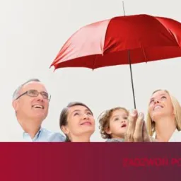 Grafika reklamowa z logo Fox Legal, hasłem 'Skuteczna Windykacja' i uśmiechniętymi osobami patrzącymi w górę spod czerwonego parasola, symbolizującego ochronę.