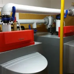 Dwa kotły grzewcze Viessmann z orurowaniem i zaworami w pomieszczeniu z żółtą mozaiką na ścianach.