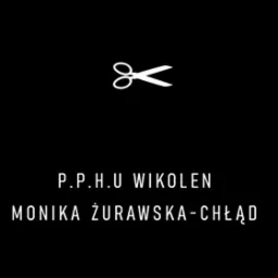 Logo firmy odzieżowej Wikolen Monika Żurawska-Chłąd z symbolem nożyczek na czarnym tle.