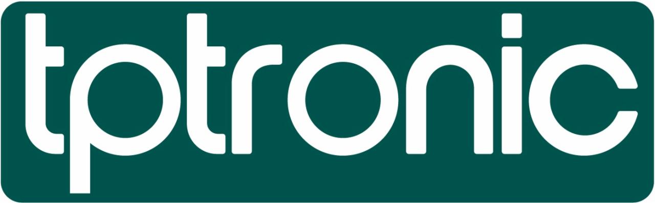 Logo firmy tptronic na ciemnozielonym tle.