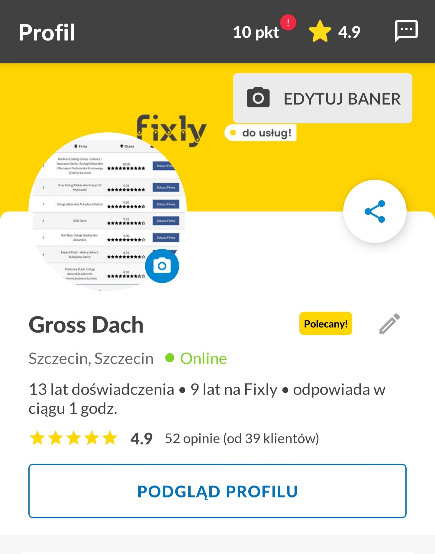 Profil firmy dekarskiej Gross Dach na platformie Fixly. Widoczne oceny, opinie klientów, lata doświadczenia i przycisk 'Podgląd profilu'.