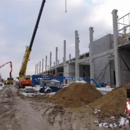 Budowa hali przemysłowej w trakcie realizacji, widoczne betonowe słupy i dźwig, ziemia pokryta śniegiem.