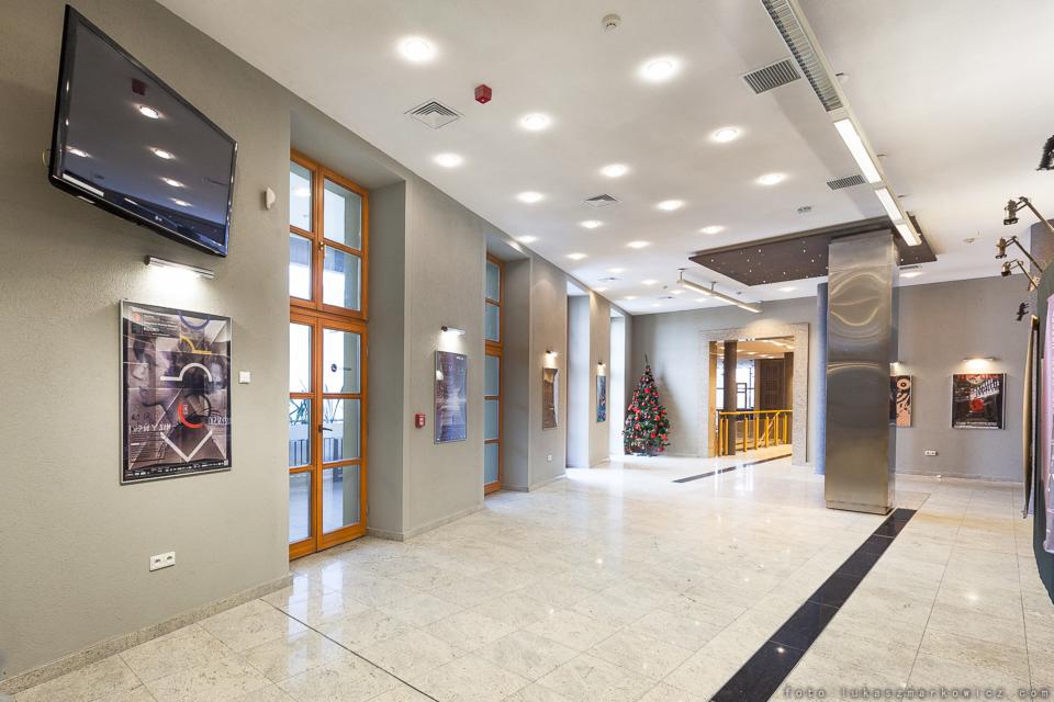 Wnętrze przestronnego holu z marmurową posadzką, drewnianymi oknami i drzwiami, oraz nowoczesnym oświetleniem sufitowym. Na ścianach wiszą plakaty w ramach, a w tle widoczna choinka.