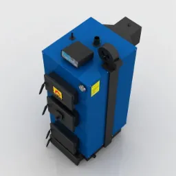 Niebieski piec na paliwo stałe z czarnymi drzwiczkami i panelem sterowania, widok z góry na jasnym tle.