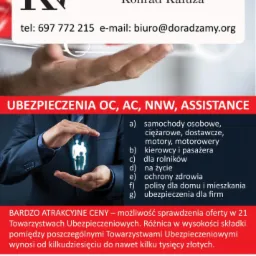 Ulotka reklamowa centrum finansowego Konrad Kałuża z ofertą ubezpieczeń OC, AC, NNW i assistance, obejmujących samochody, kierowców, rolników, życie, zdrowie, domy i firmy. Dłoń w garniturze...