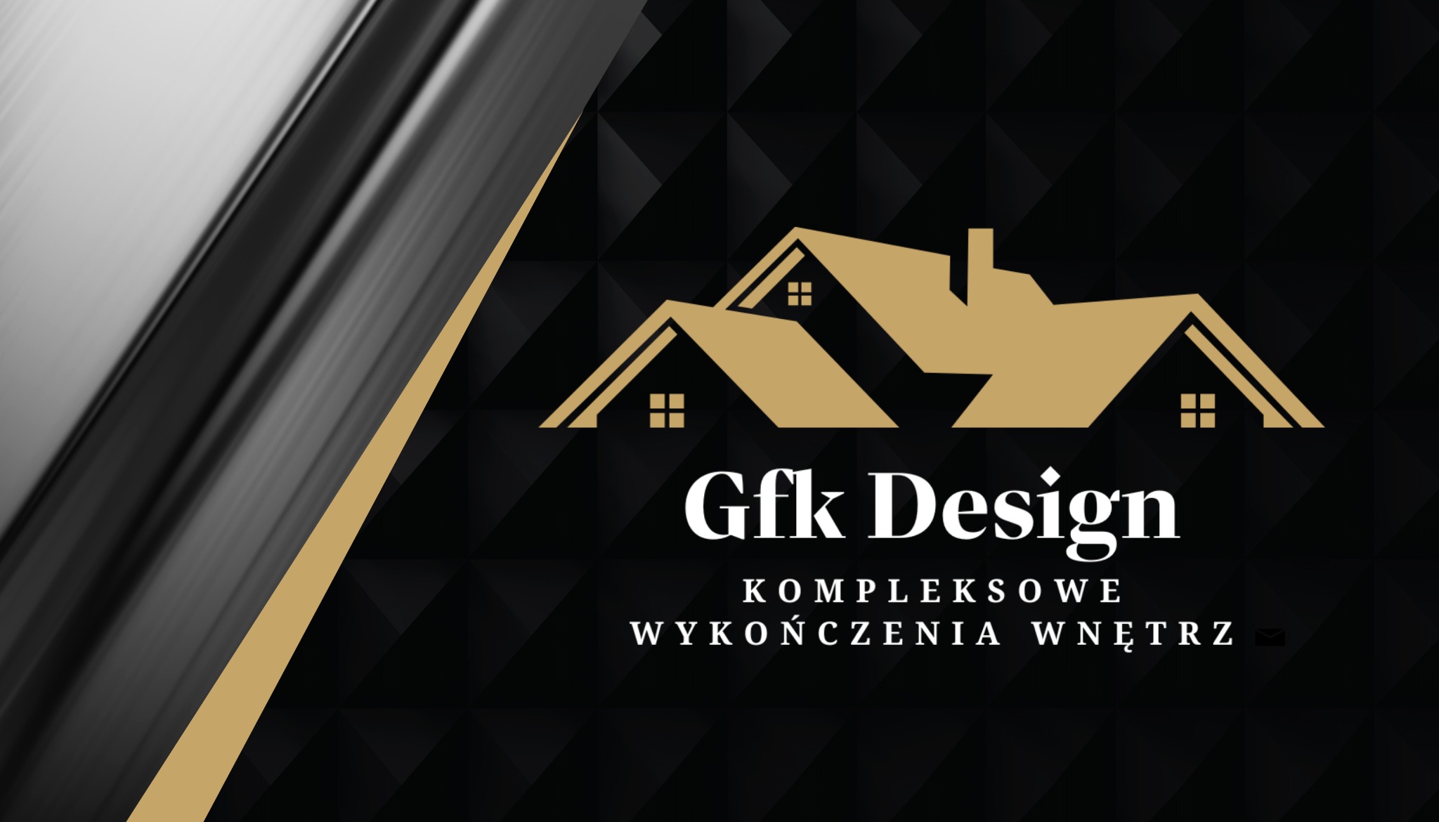 Eleganckie logo firmy Gfk Design z motywem złotych domów na geometrycznym, czarnym tle. Napis 'Kompleksowe Wykończenia Wnętrz' pod nazwą.
