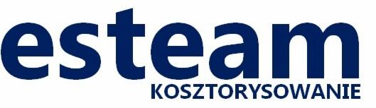 Logo firmy Esteam Kosztorysowanie, ciemnoniebieski napis na białym tle.