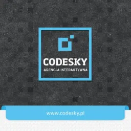 Logo firmy Codesky Agencja Interaktywna na tle z teksturą i adresem strony internetowej.
