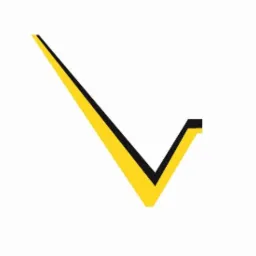 Stylizowany znak V w kolorze żółtym z czarnym obramowaniem, na białym tle.