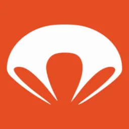 Biały, stylizowany spadochron na pomarańczowym tle, logo firmy.