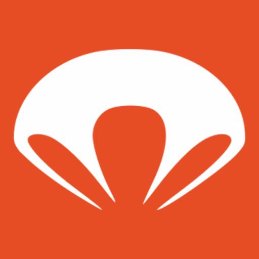 Biały, stylizowany spadochron na pomarańczowym tle, logo firmy.