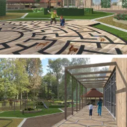 Koncepcja architektoniczno-urbanistyczna centrum edukacyjnego z labiryntem na podłodze, placem zabaw i ścieżką spacerową w Nadleśnictwie Przemków.