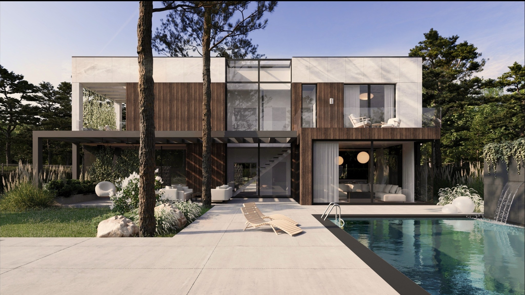 Nowoczesny, dwukondygnacyjny dom z basenem, drewnianą elewacją i dużymi przeszkleniami, otoczony zielenią. Widok z poziomu tarasu przy basenie, w tle drzewa.