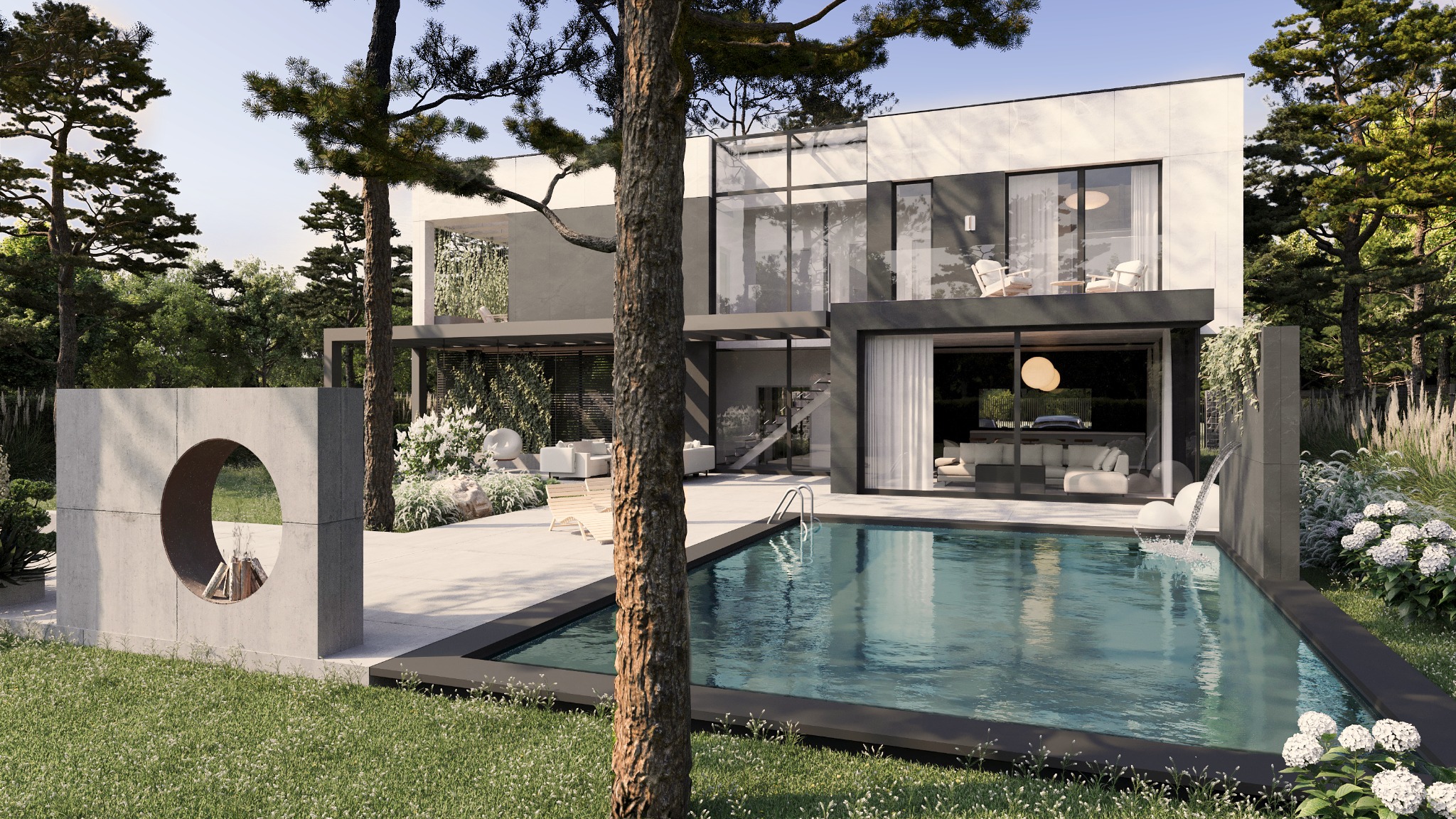 Nowoczesny dom z basenem i elementami architektury krajobrazu, w tym betonowym paleniskiem z okrągłym otworem, otoczony zielenią i drzewami.