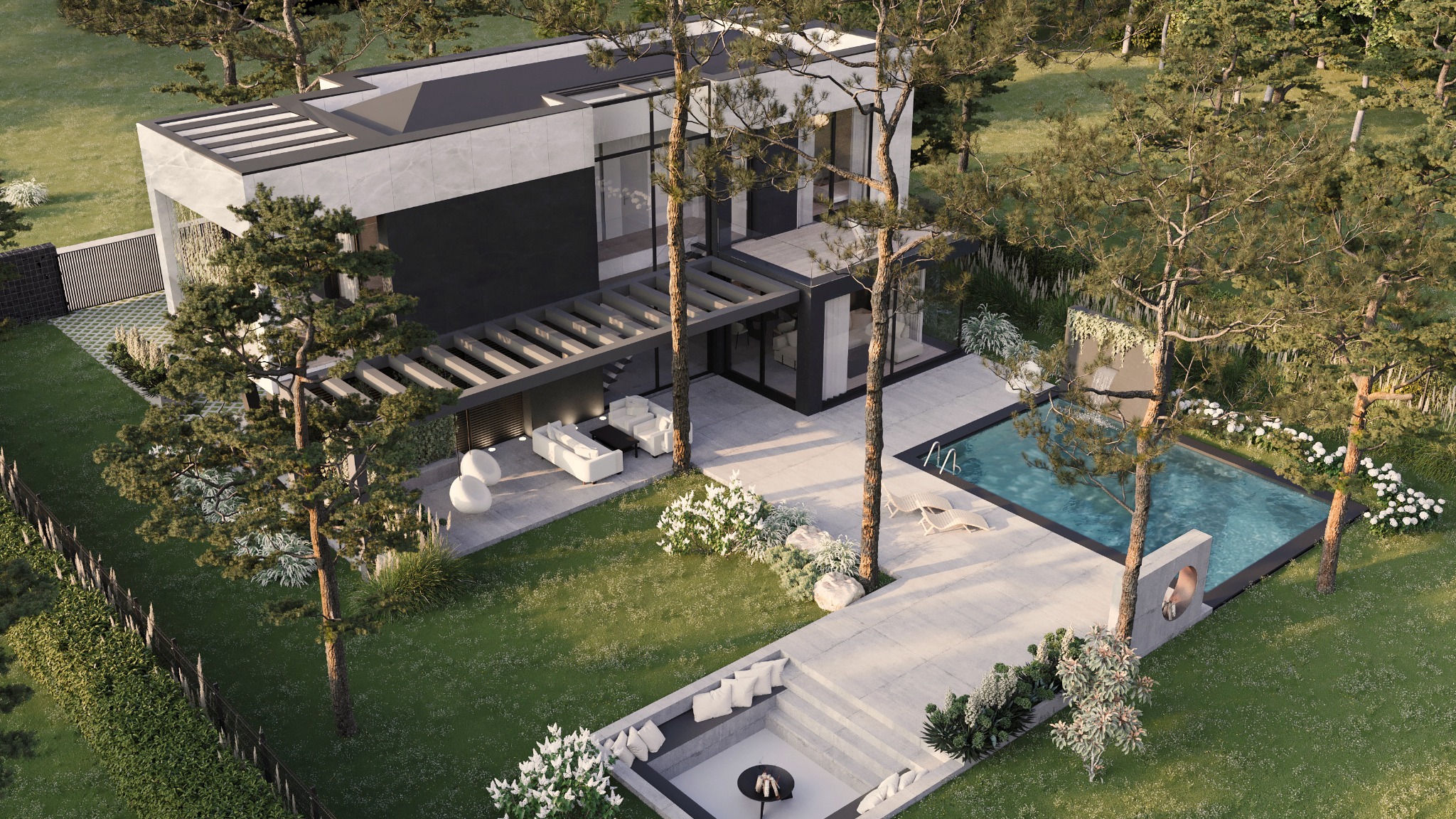 Wizualizacja nowoczesnego domu z basenem i strefą relaksu na zewnątrz, otoczonego zielenią. Ujęcie z lotu ptaka prezentuje architekturę i zagospodarowanie terenu.