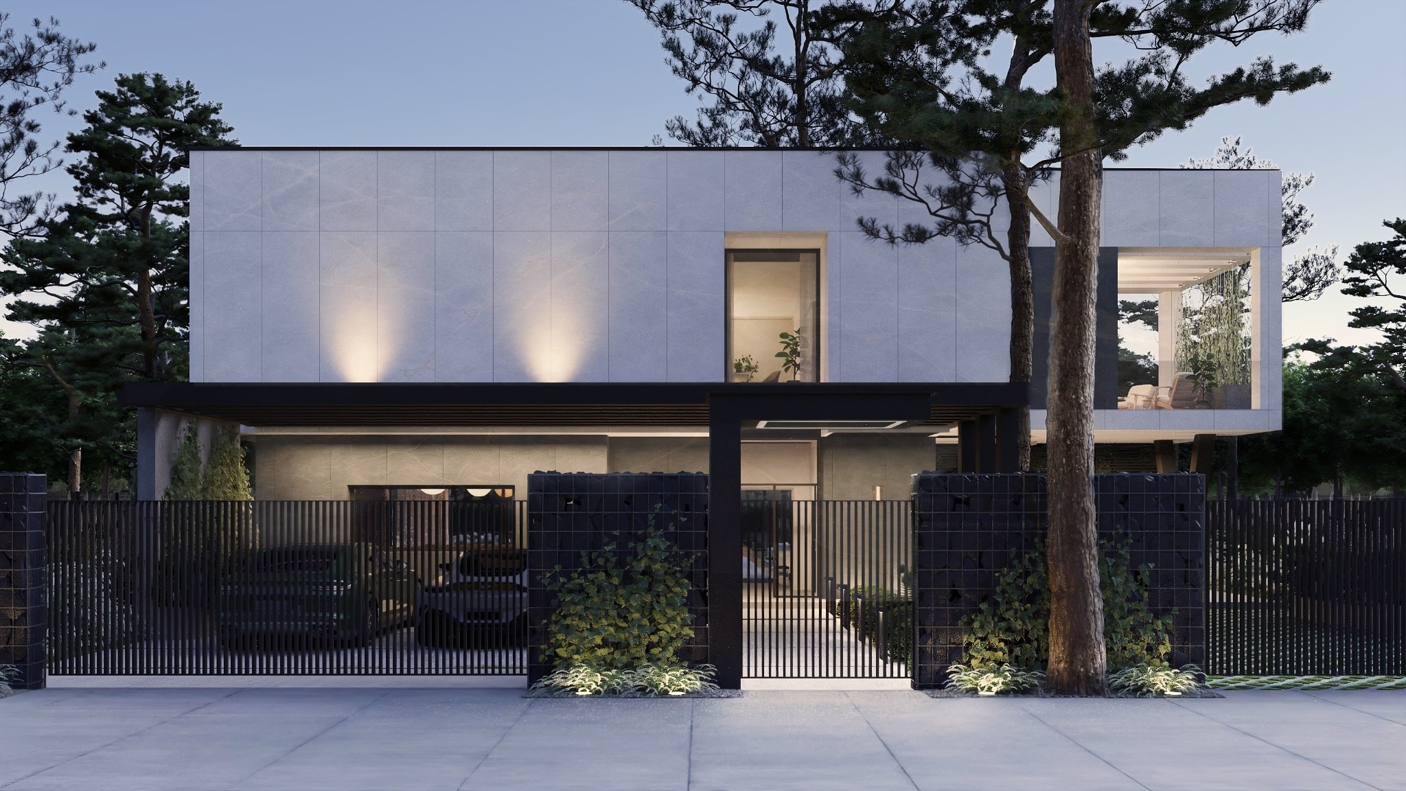 Nowoczesny dom jednorodzinny z garażem w Krakowie, minimalistyczna bryła, elewacja z płyt w odcieniach szarości, czarne ogrodzenie, oświetlenie zewnętrzne.