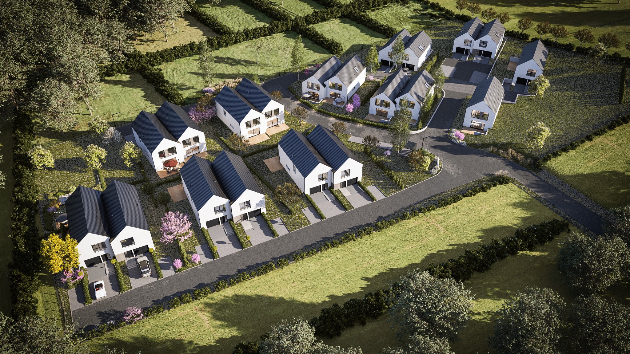 Wizualizacja osiedla domów jednorodzinnych z lotu ptaka, nowoczesna architektura, białe elewacje, ciemne dachy, zadbane otoczenie, drzewa, trawniki, droga dojazdowa.