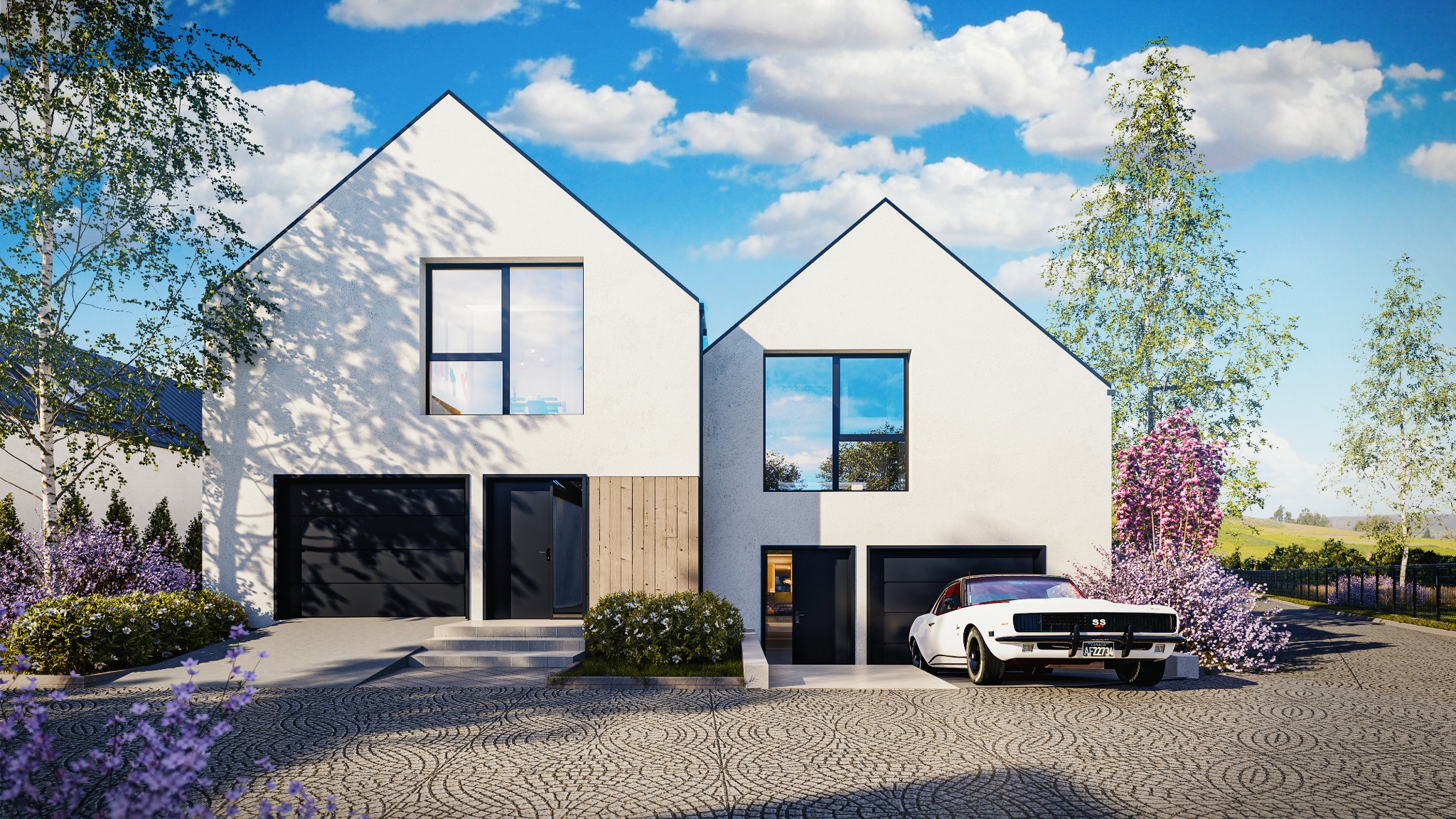 Wizualizacja dwóch nowoczesnych domów z garażami, białą elewacją i czarnymi oknami, z klasycznym samochodem na podjeździe i bujną roślinnością w tle.