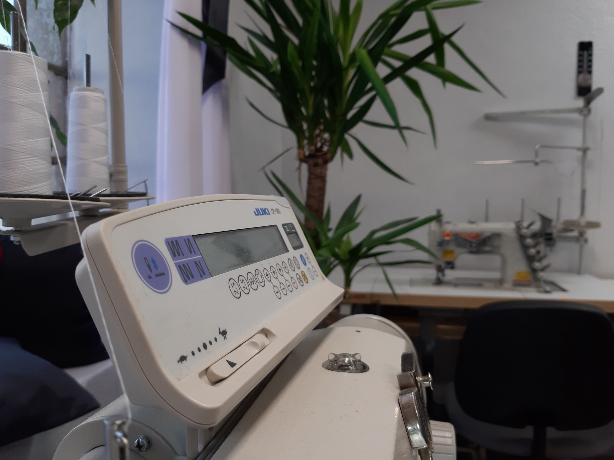 Szwalnia: Detal maszyny do szycia JUKI z widocznym panelem sterowania, na tle szpule nici, roślina doniczkowa i inne maszyny szwalnicze.