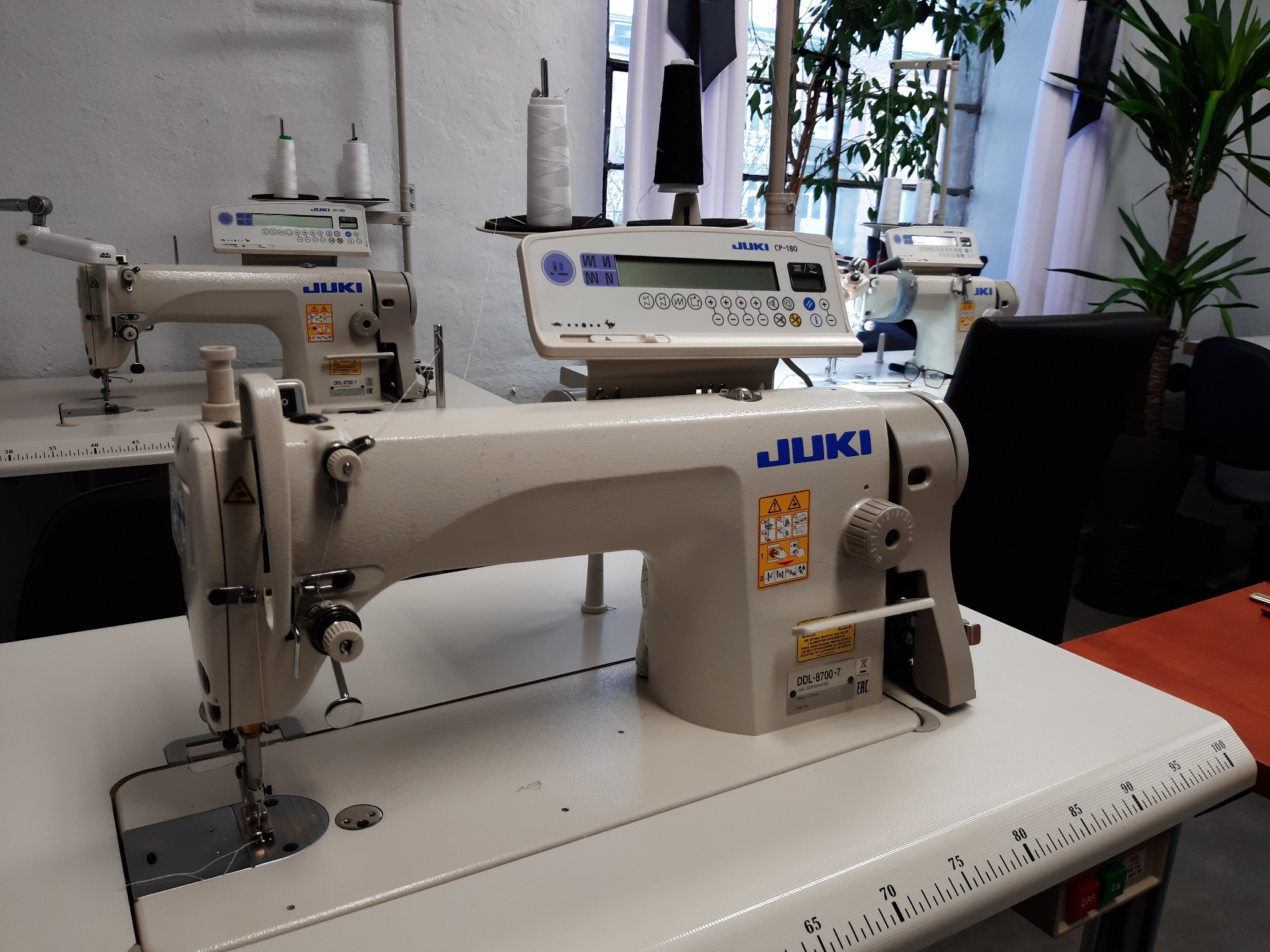 Profesjonalna maszyna do szycia JUKI DDL-8700-7 z elektronicznym panelem sterowania w szwalni w Łodzi, widok z bliska na igłę i stopkę dociskową, z boku w tle widoczne inne maszyny i roślina...