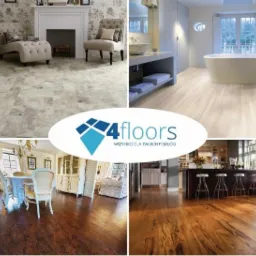 Kolaż czterech różnych wnętrz z widocznymi podłogami: salon z kominkiem i szarą posadzką, łazienka z wanną i jasną drewnianą podłogą, jadalnia z ciemną, lakierowaną podłogą oraz kuchnia...