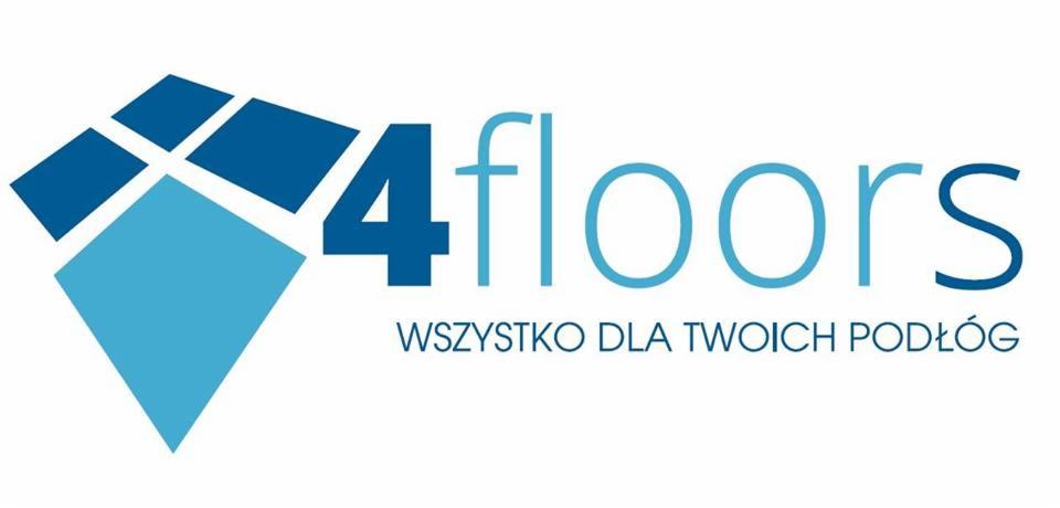 Logo firmy 4floors z hasłem 'Wszystko dla Twoich Podłóg', grafika przedstawia stylizowane romby w odcieniach niebieskiego.